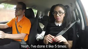 Fake Driving School - Black haired Euro babe with Glasses Fucked in a Car