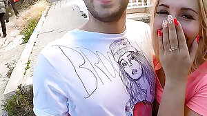 Kyra Hot fucks with a guy in public as an old couple manages to pass them by