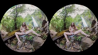 Bony female is using a wand in the nature, while making her first-ever pornography movie