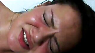 Pretty brunette screams when deflowers anal