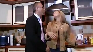 Hot blonde babe undresses while an old man watches