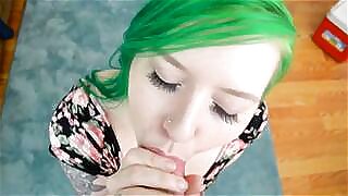 POV Blow Job and Facial - Green Haired Babe Sucks your Dick