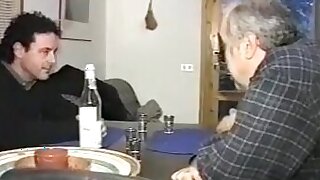 Old pair fuck a younger dude in ottoman., Hardcore three-some as this ribald old pair engulf jock and fuck a younger dude in ottoman.
