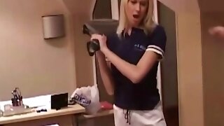 Cheated wife revenge on hers old hubby ###ary with rough fuck, Blonde wife surprises his old husband giggling with his blonde ###ary and gets furious. She starts a catfight with the hussy blonde and punishes her with a rough sex in group.