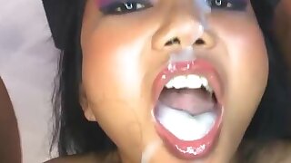 Four babes get boned and jizz drenched, Four babes (three brunettes and a blonde) will be satisfying your wildest fantasies! They all love dicks and jizz and yes they will give pleasure to dicks and swallow loads of jizz here! These brunette and blonde ba