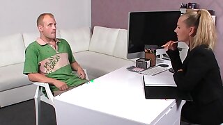 Limp dick guy fucks female agent, Amateur dude came for casting interview in Euro modelling agency where sexy blonde female agent asked him to lick and fucks her cunt but he can not got hard