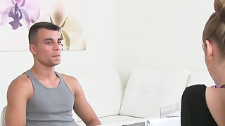 Athletic stud fucks blonde agent, Athletic amateur stud has casting interview with sexy blonde female agent then on the couch he fucks her and she helps him cum in the end