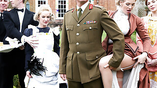 Downton Grabby, This week on Downton Grabby, horny maid Loulou catches that busty MILF Rebecca Moore getting her big tits sucked on by the butler Danny D. Too curious to look away, Loulou gets caught being a voyeur, and Ms. Moore calls her in to get in on