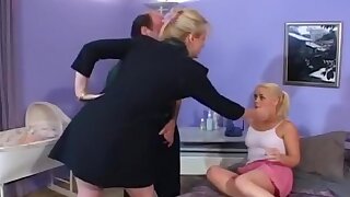 Husband And Wife Double Team Babysitter, This husband and wife couple are furious when they come home only to find that their babysitter is neglecting her duties, instead lying on the matrimonial bed and masturbating her filthy gash! The wife screams at