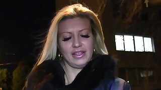 Euro big fake tits flashing in public at night, Euro blonde amateur babe flashing big fake tits and arse in thong to stranger for cash in public then sucking and fucking him till facial pov at night