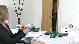 Blonde model finger fucks female agent, Twenty two years old blonde Euro model after casting interview with sexy brunette female agent finger fucks agents pussy on the couch