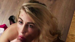 Costumed party babe cumsprayed after blowjob